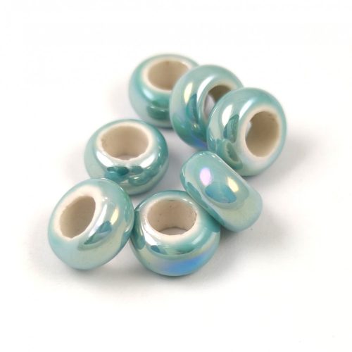 Porcelán gyöngy - gyűrű - Iridescent Turquoise - 12x6mm
