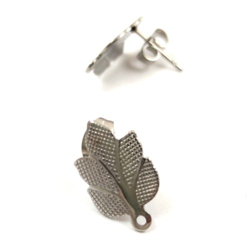 Earring Part - Post - Platinum Colour - Leaf shape with ending - stainless steel