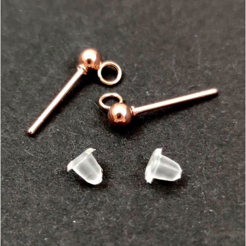 Earring Part - Post - Rose Gold - silicone ending - stainless steel - 14x3mm