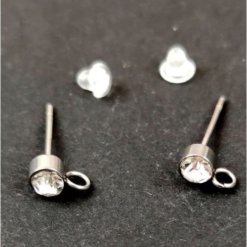 Earring Post - Platinum Colour - Crystal Strass - silicone ending - stainless steel - 14x7mm