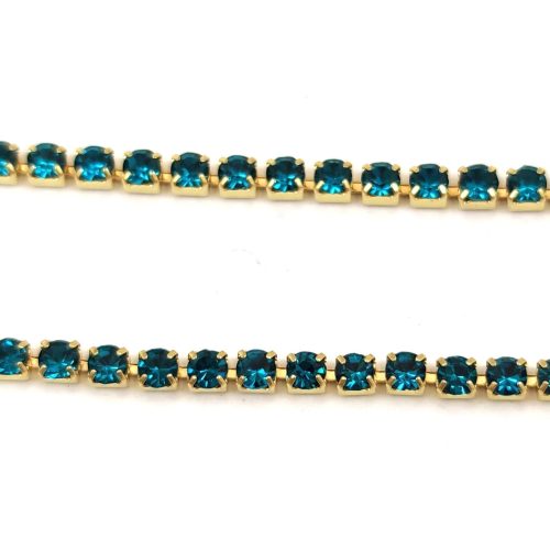 Strasszlánc - arany színű - Turquoise Blue - 2mm