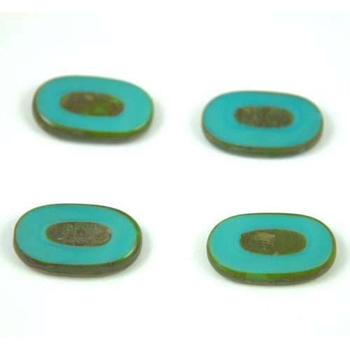 Czech Table Cut Bead - Cross-Drilled Oval - Turquoise Green Picasso - 26x15mm