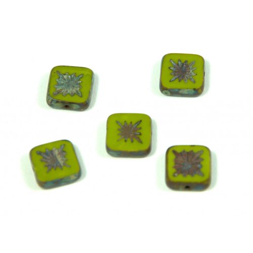 Czech Table Cut Bead - Cross-Drilled Square - sunshine Deco - green picasso - 10x10mm