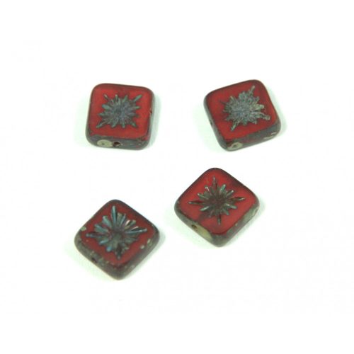 Czech Table Cut Bead - Cross-Drilled Square - sunshine Deco - Dark Red Picasso - 10x10mm
