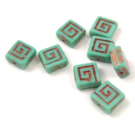   Kelta négyzet - cseh üveg gyöngy - Turquoise Green Copper - 9mm