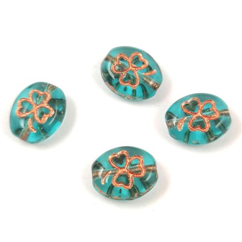 Czech Pressed Bead - Cross-Drilled Oval - Shamrock Deco - Turquoise Green Copper - 10x8mm
