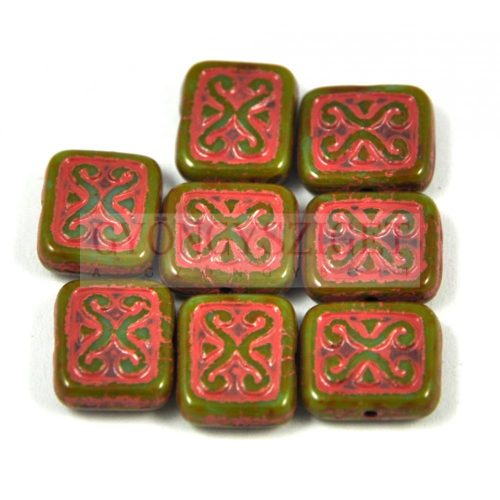 Czech Table Cut Bead - Cross-Drilled Square - inca Deco -  olivin red - 11x12mm