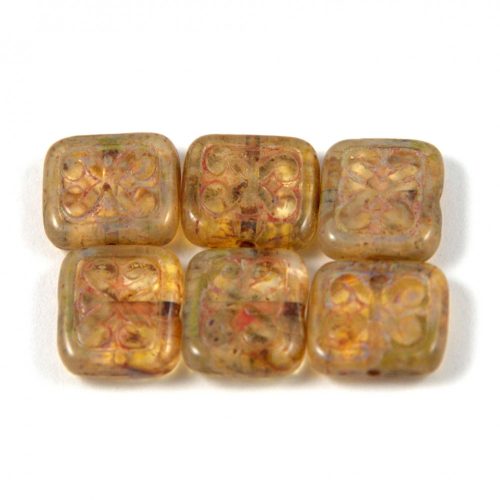 Czech Table Cut Bead - Cross-Drilled Square - Inca Deco -  transparent crystal picasso - 11x12mm