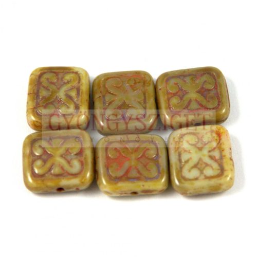 Czech Table Cut Bead - Cross-Drilled Square - Inca Deco -  transparent alabaster picasso - 11x12mm