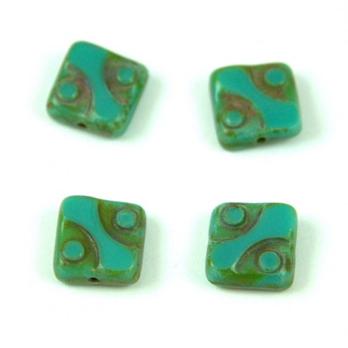 Cseh table cut gyöngy - hosszában fúrt pöttyös négyzet - 63130-86805 - Turquoise Green Picasso- 10x10mm