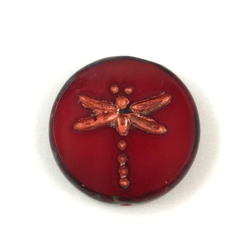 Cseh table cut gyöngy - hosszában fúrt kerek szitakötő mintás - Opal Red Copper Travertine - 17 mm
