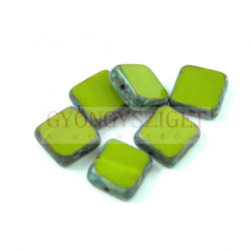 Czech Table Cut Bead - Cross-Drilled Square - Green Pea Picasso - 10x10mm