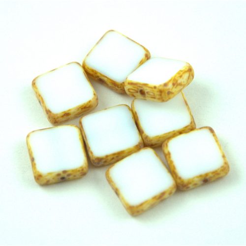 Czech Table Cut Bead - Cross-Drilled Square - Alabaster Picasso - 10x10mm