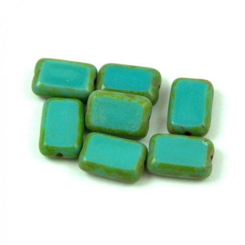 Cseh table cut gyöngy - hosszában fúrt tégla - Turquoise Green Picasso - 63130-86800 - 12x9mm