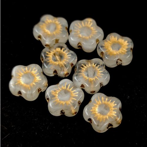 Czech pressed flower bead - Sunset Flower - Opal White Gold - 10mm
