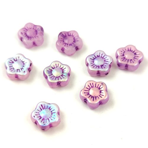 Cseh préselt virág gyöngy - Sunset Flower - Opal Purple AB - 10mm