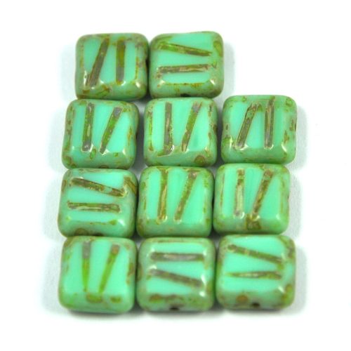 Czech Table Cut Bead - Cross-Drilled Deco Square - Light Turquise Green Picasso - 10x10mm