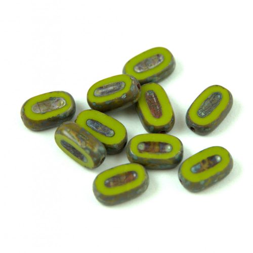 Czech Table Cut Bead - Cross-Drilled Oval - Green Pea Picasso - 10x6mm