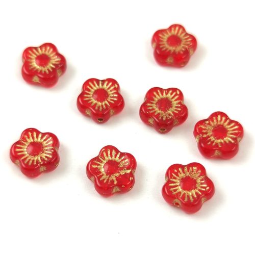 Czech pressed flower bead - Sunset Flower - Opal Red Gold - 10mm