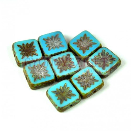 Czech Table Cut Bead - Cross-Drilled Square - sunshine Deco - Turquoise Blue - 10x10mm