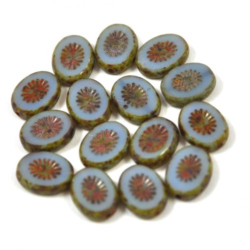 Czech Table Cut Bead - Cross-Drilled Oval - sunshine Deco - Opal Blue Picasso- 14x10mm