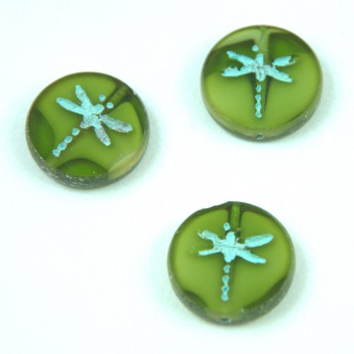 Cseh table cut gyöngy - hosszában fúrt kerek szitakötő mintás - Transparent Olive Blend Picasso - 06508-86800-54308 - 17 mm