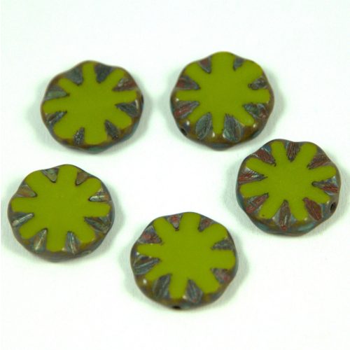 Czech Table Cut Bead - Cross-Drilled - Flower - green picasso - 14mm