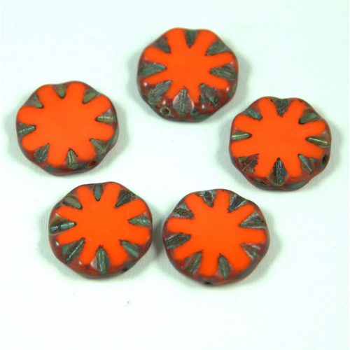 Czech Table Cut Bead - Cross-Drilled - Flower - orange picasso - 14mm