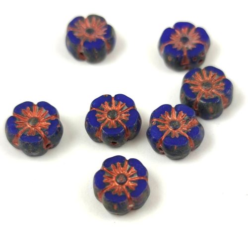Czech Table Cut Bead - Cross-Drilled - Flower - Sapphire Picasso Copper - 10mm
