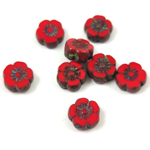 Czech Table Cut Bead - Cross-Drilled - Flower - Red Picasso - 10mm