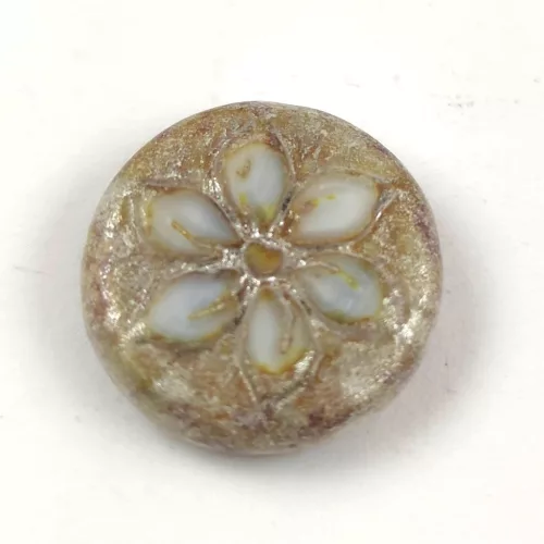 Cseh table cut gyöngy - virág mintás - Opal White Gold Travertine - 18mm
