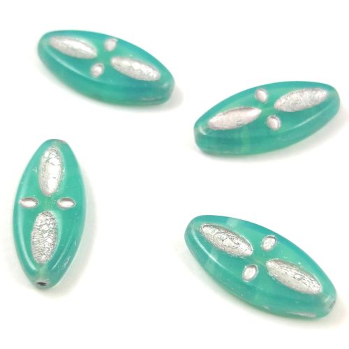 Czech Pressed Bead - Cross-Drilled Oval - Eyed Ship - Opal Turquoise Green Silver - 20x9mm