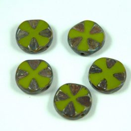   Czech Table Cut Bead - Cross-Drilled - clover - green picasso - 14mm