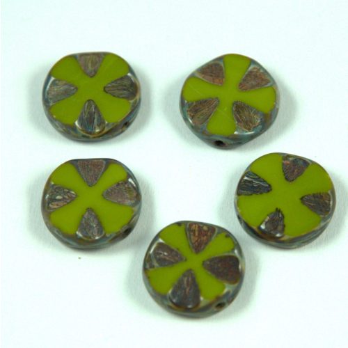 Cseh table cut gyöngy - hosszában fúrt lóhere mintás korong - Green Picasso - 53420-86805 - 14mm