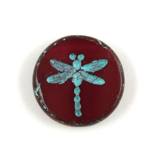 Cseh table cut gyöngy - hosszában fúrt kerek szitakötő mintás - Siam Travertine Turquoise Blue - 17 mm