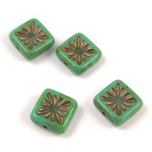 Cseh table cut gyöngy - hosszában fúrt napsugaras négyzet - Turquoise Green Travertine Gold - 10x10mm