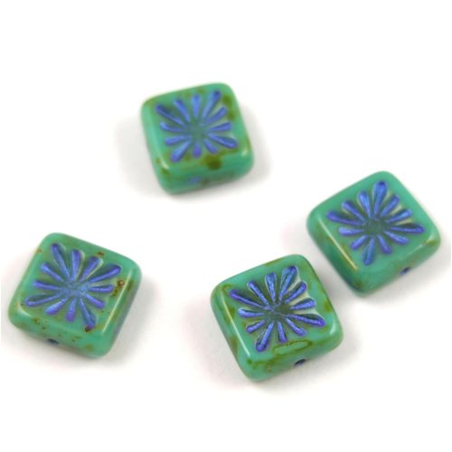 Cseh table cut gyöngy - hosszában fúrt napsugaras négyzet - Turquoise Green Travertine Blue - 10x10mm