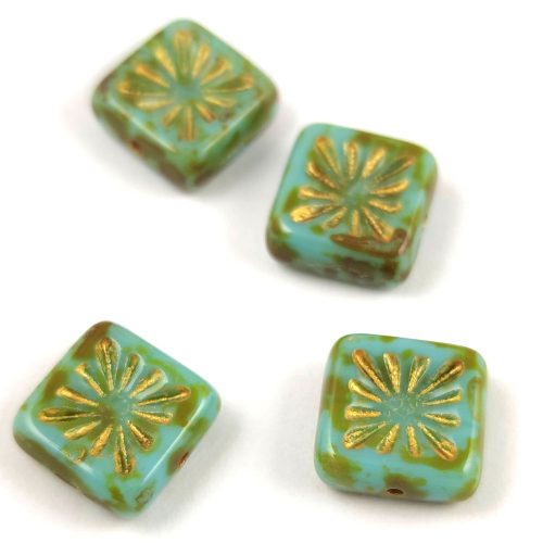 Czech Table Cut Bead - Cross-Drilled Square - sunshine Deco - Turquoise Blue Travertine Gold - 10x10mm
