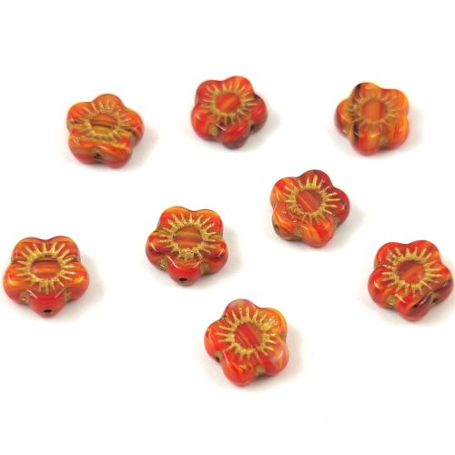 Czech pressed flower bead - Sunset Flower - Orange Blend Gold - 10mm