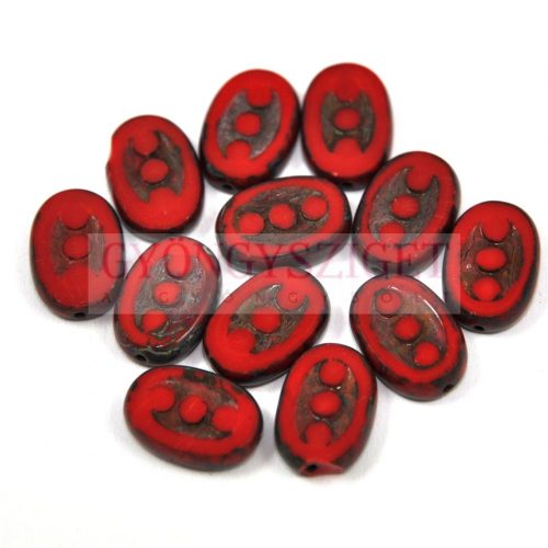 Czech Table Cut Bead - Cross-Drilled Oval - 3 dots - red picasso- 14x8mm