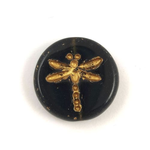 Cseh table cut gyöngy - hosszában fúrt kerek szitakötő mintás - Black Diamond Gold - 17 mm