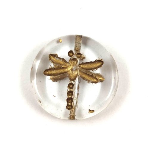 Cseh table cut gyöngy - hosszában fúrt kerek szitakötő mintás - Crystal Gold - 17 mm