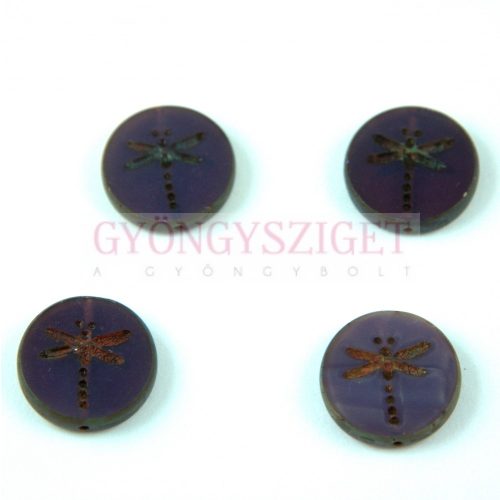 Cseh table cut gyöngy - hosszában fúrt kerek szitakötő mintás - Tanzanite Picasso - 17 mm - 21360-86800
