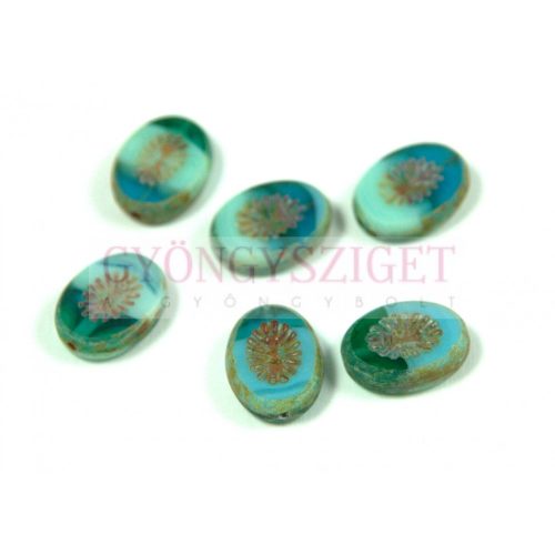 Czech Table Cut Bead - Cross-Drilled Oval - sunshine Deco - Turquoise Blend Picasso - 14x10mm