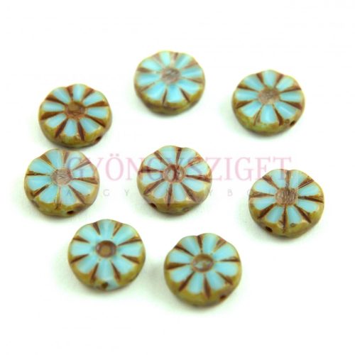 Czech Table Cut Bead - Cross-Drilled - Flower - Turquoise Blue Picasso - 12mm