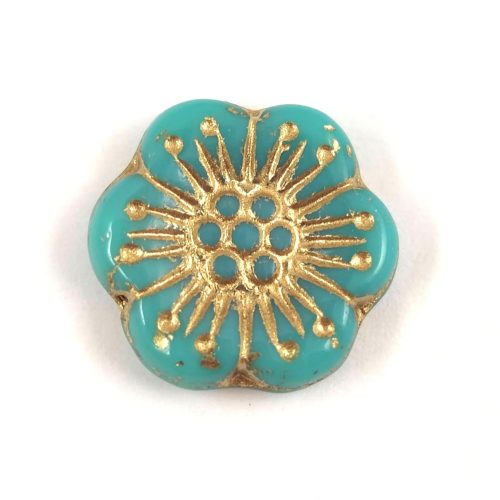 Czech pressed flower bead - Turquoise Green Gold - 18mm