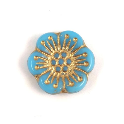 Cseh préselt virág gyöngy - Turquoise Blue Gold - 18mm