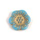Czech pressed flower bead - Turquoise Blue Gold - 18mm