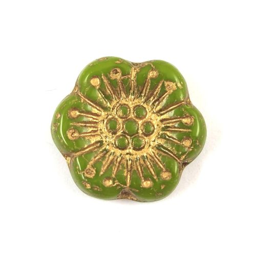 Cseh préselt virág gyöngy - Dark Green Gold - 18mm