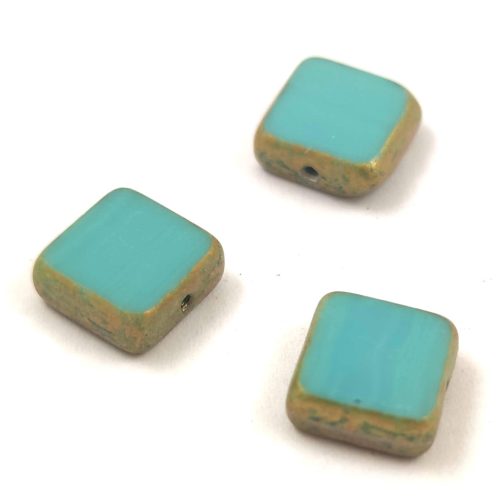 Cseh table cut gyöngy - hosszában fúrt négyzet - 63130-86720 - Turquoise Green Gold - 10x10mm